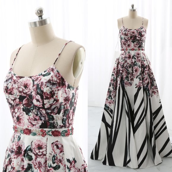 Dresses | Spaghetti Straps Scoop Neck Floral Satin Prom Dress Formal ...